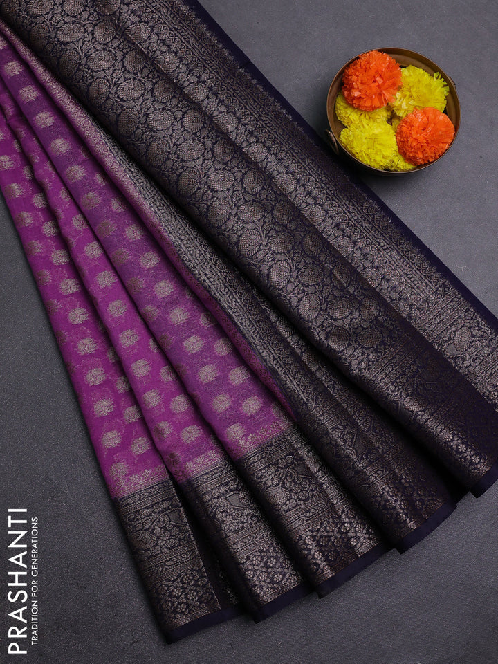 Lavender & Navy Blue Semi Chiniya Silk Saree