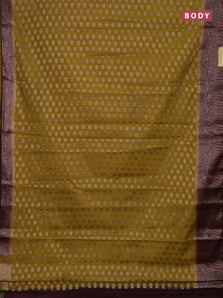 Mustard Green & Brown Semi Chiniya Silk Saree