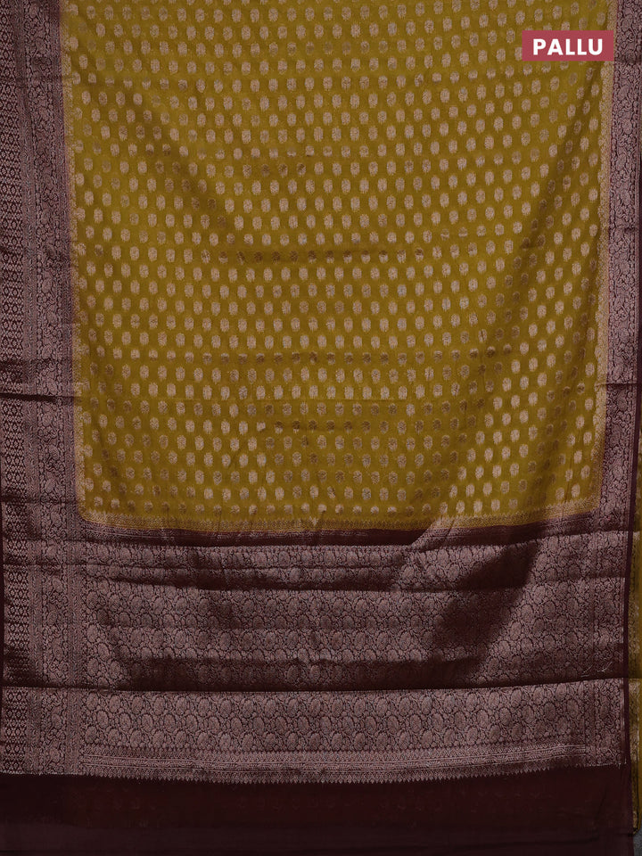 Mustard Green & Brown Semi Chiniya Silk Saree