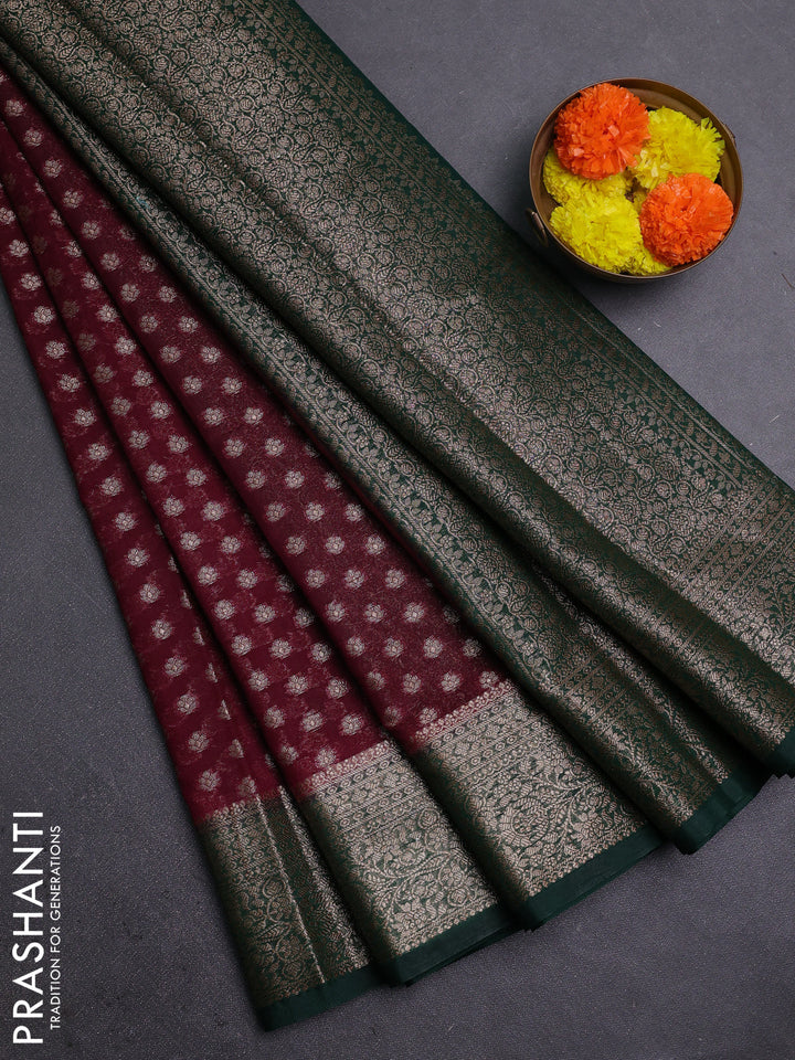 Wine & Bottle Green Semi Chiniya Silk Saree