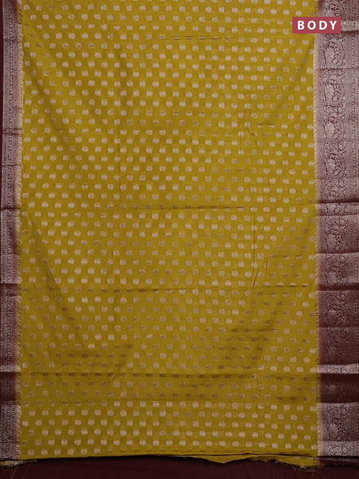Mustard Green & Maroon Semi Chiniya Silk Saree