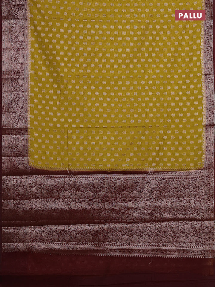 Mustard Green & Maroon Semi Chiniya Silk Saree