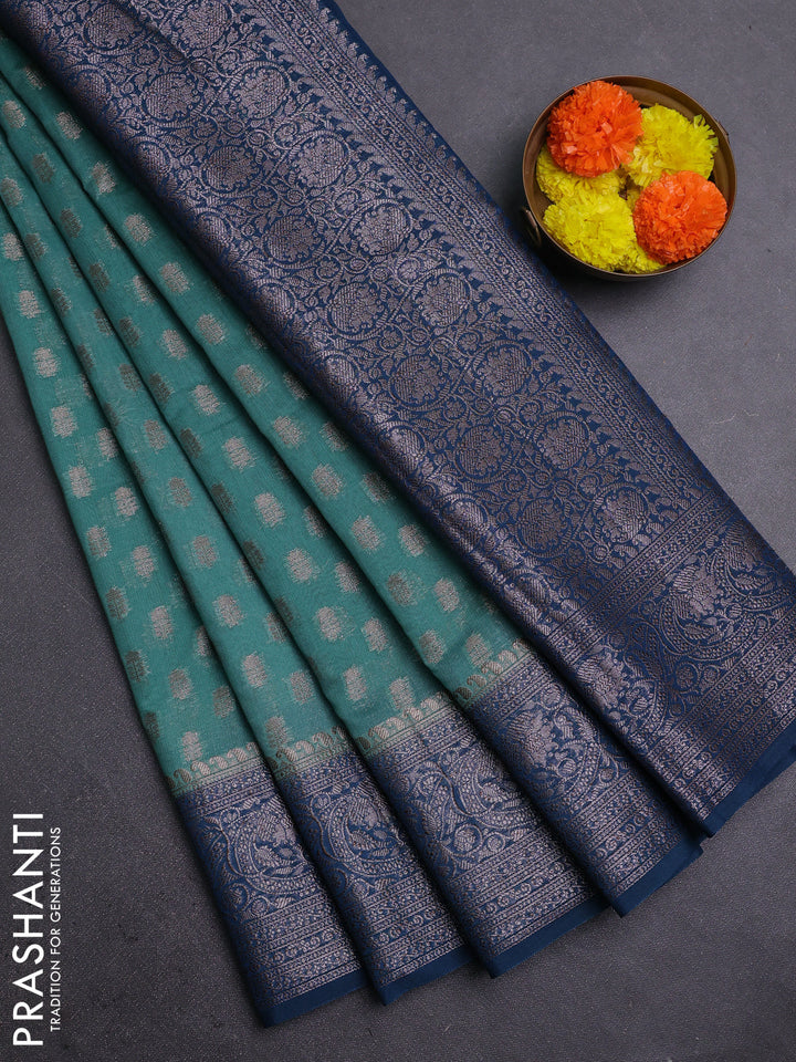 Pastel Green & Peacock Blue Semi Chiniya Silk Saree