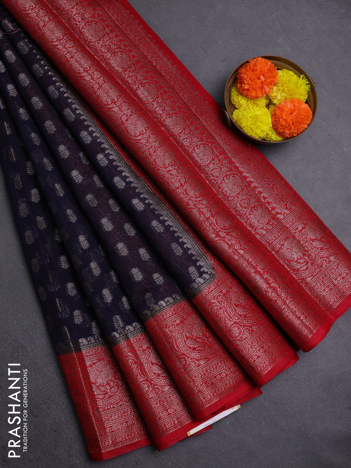 Navy Blue & Red Semi Chiniya Silk Saree