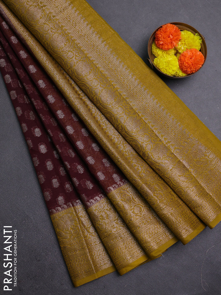 Coffee Brown & Mustard Green Semi Chiniya Silk Saree