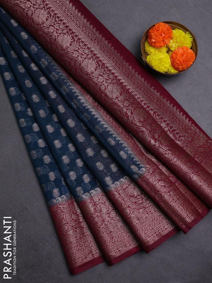 Peacock Blue & Wine Semi Chiniya Silk Saree