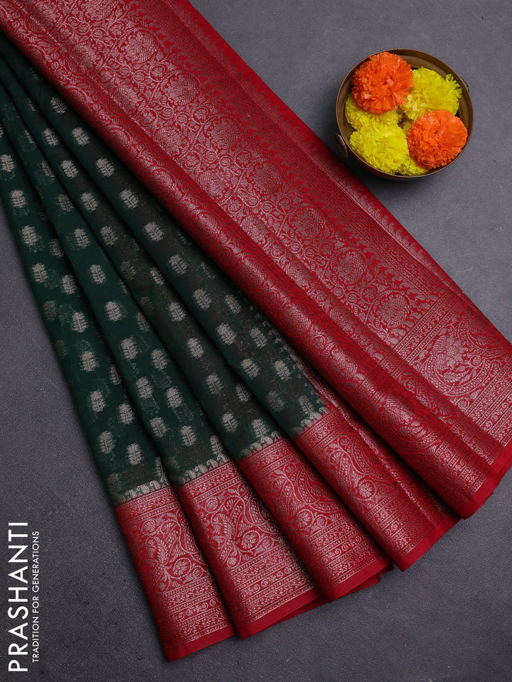 Bottle Green & Red Semi Chiniya Silk Saree