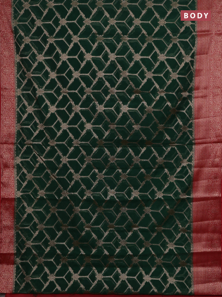 Bottle Green & Red Semi Chiniya Silk Saree