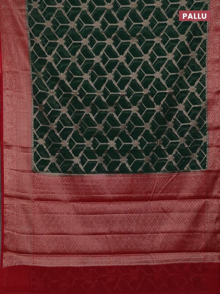 Bottle Green & Red Semi Chiniya Silk Saree