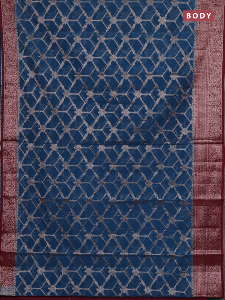 Peacock Blue & Maroon Semi Chiniya Silk Saree