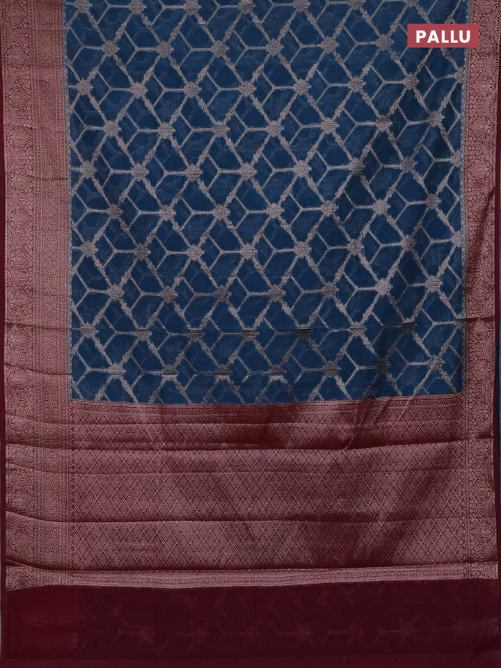 Peacock Blue & Maroon Semi Chiniya Silk Saree