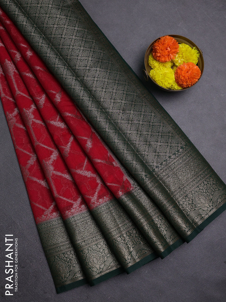 Red & Bottle Green Semi Chiniya Silk Saree