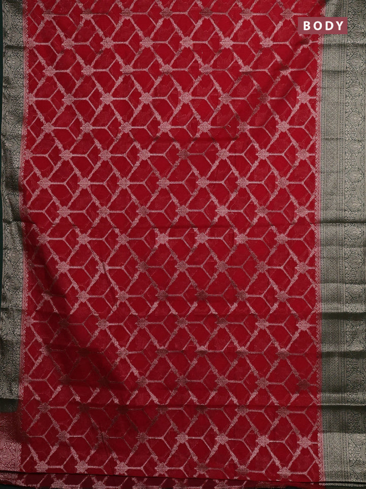 Red & Bottle Green Semi Chiniya Silk Saree