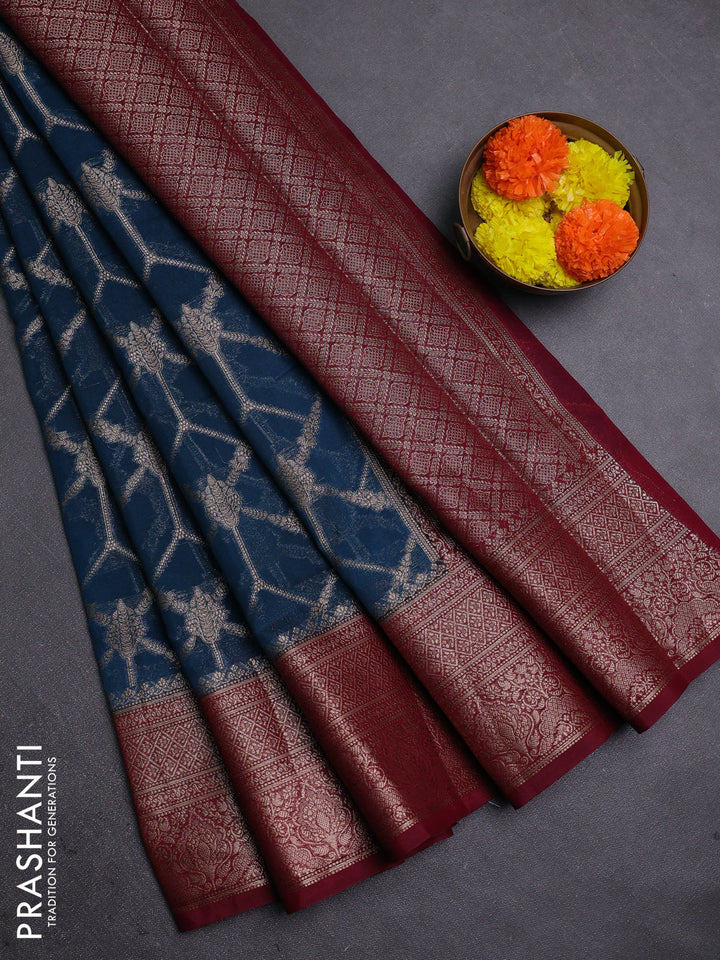 Peacock Blue & Maroon Semi Chiniya Silk Saree