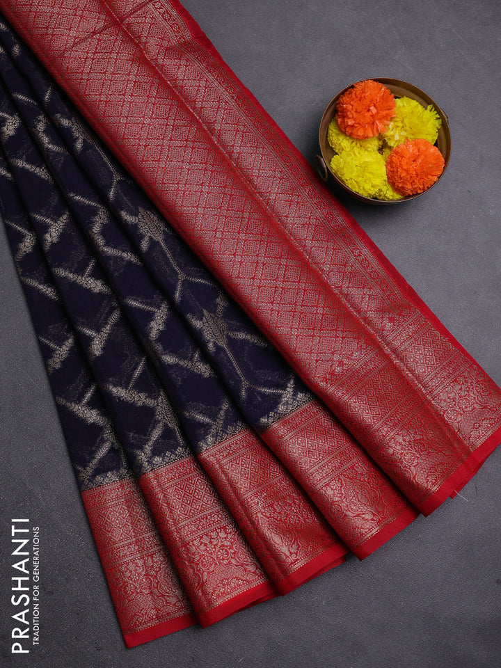 Navy Blue & Red Semi Chiniya Silk Saree