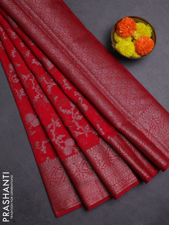 Red Semi Chiniya Silk Saree