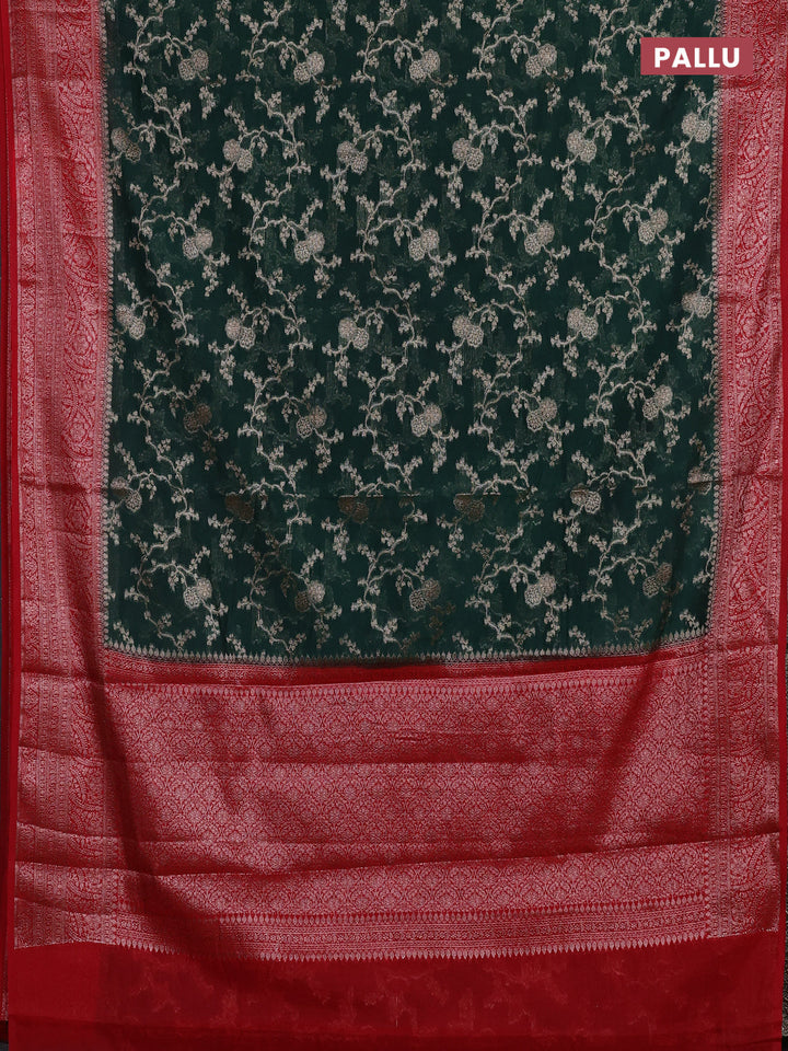 Bottle Green & Red Semi Chiniya Silk Saree