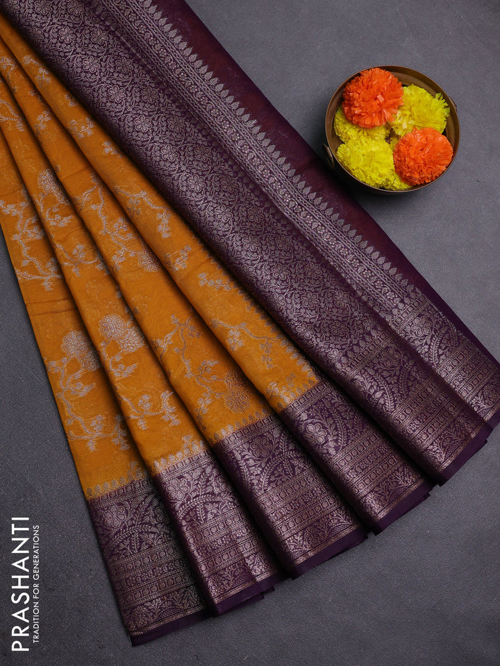 Mustard Yellow & Purple Semi Chiniya Silk Saree