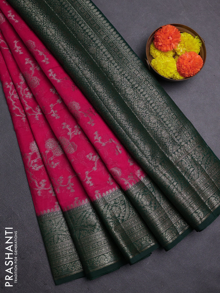 Pink & Bottle Green Semi Chiniya Silk Saree