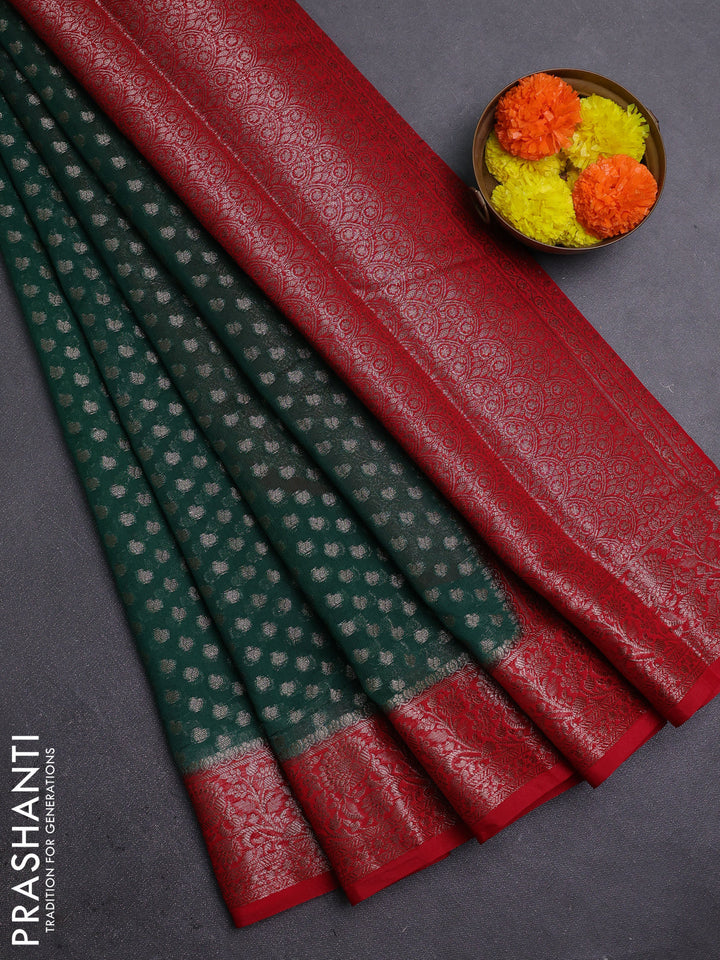 Bottle Green & Red Semi Chiniya Silk Saree