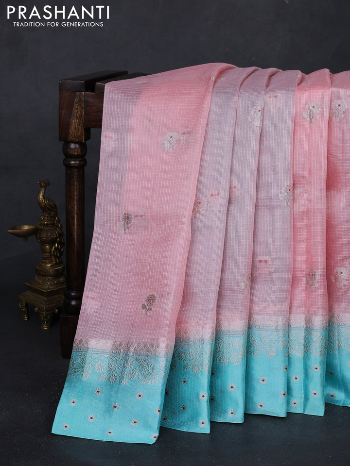 Peach & Teal Blue Banarasi Kota Silk Saree