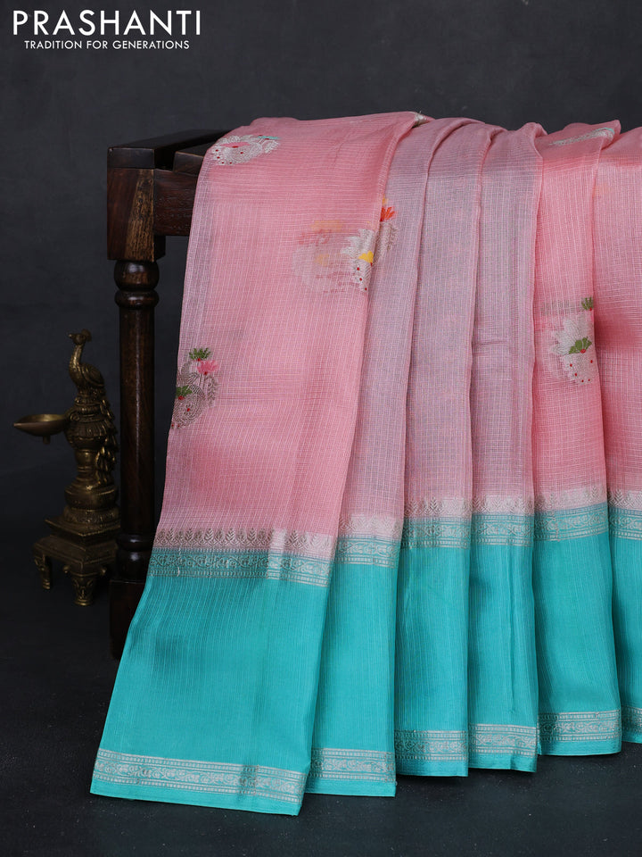 Peach & Teal Blue Banarasi Kota Silk Saree