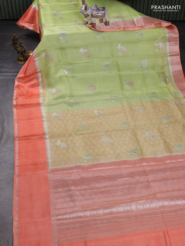 Pista Green & Orange Banarasi Kota Silk Saree
