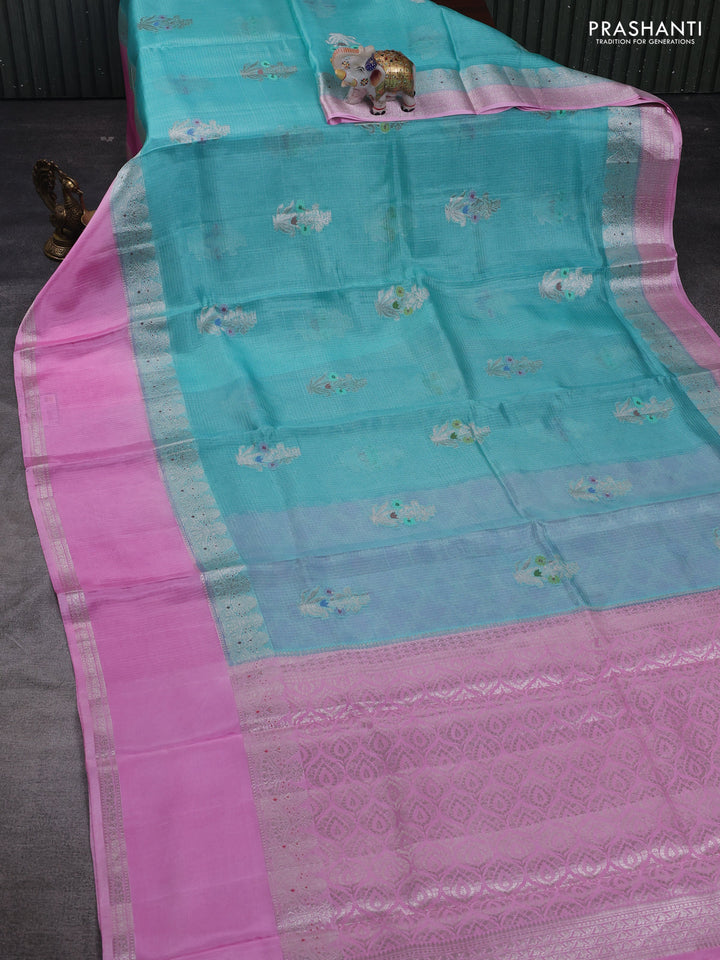 Teal Blue & Light Pink Banarasi Kota Silk Saree