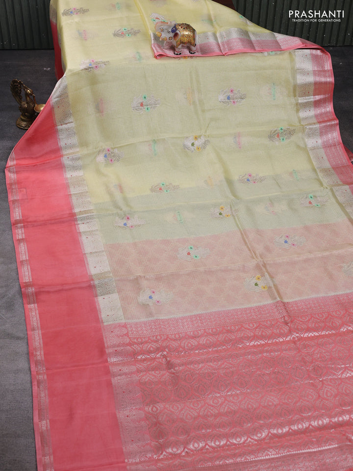 Pale Yellow & Peach Banarasi Kota Silk Saree