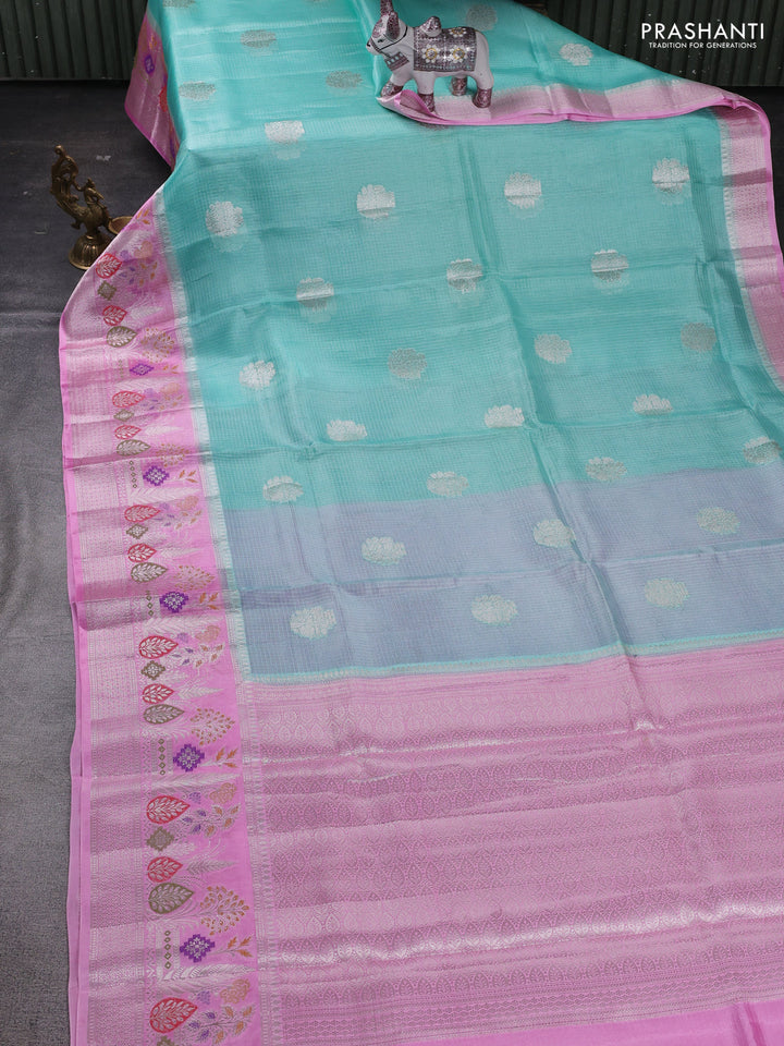 Teal Blue & Light Pink Banarasi Kota Silk Saree