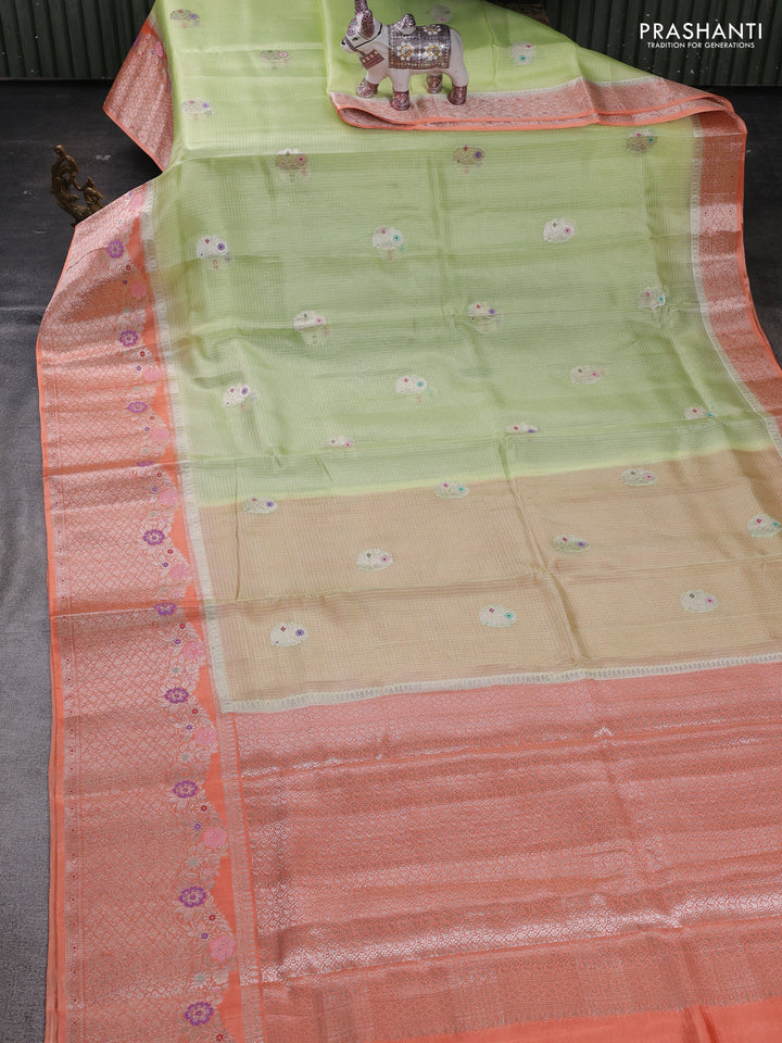 Pista Green & Orange Banarasi Kota Silk Saree