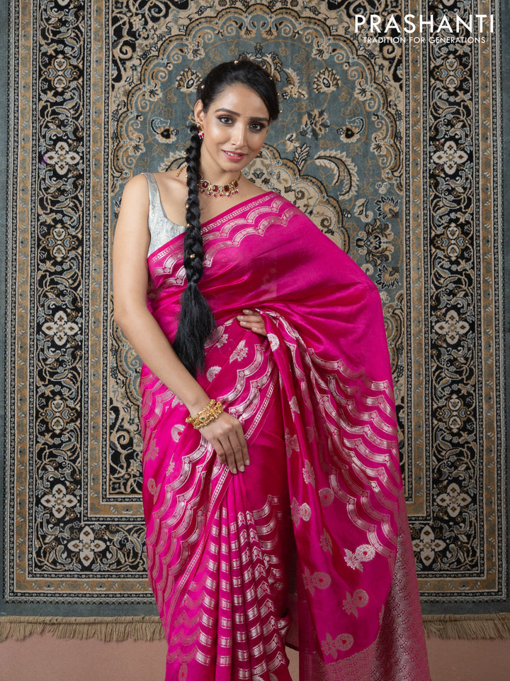 Banarasi poona silk saree pink and orange with zari weaves and zari woven border