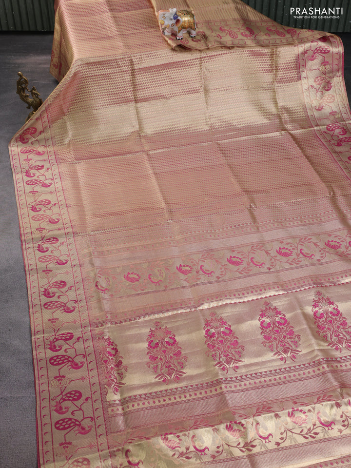 Pure kanchipuram tissue silk saree gold and pink with allover zari woven brocade weaves and zari woven paithani style border