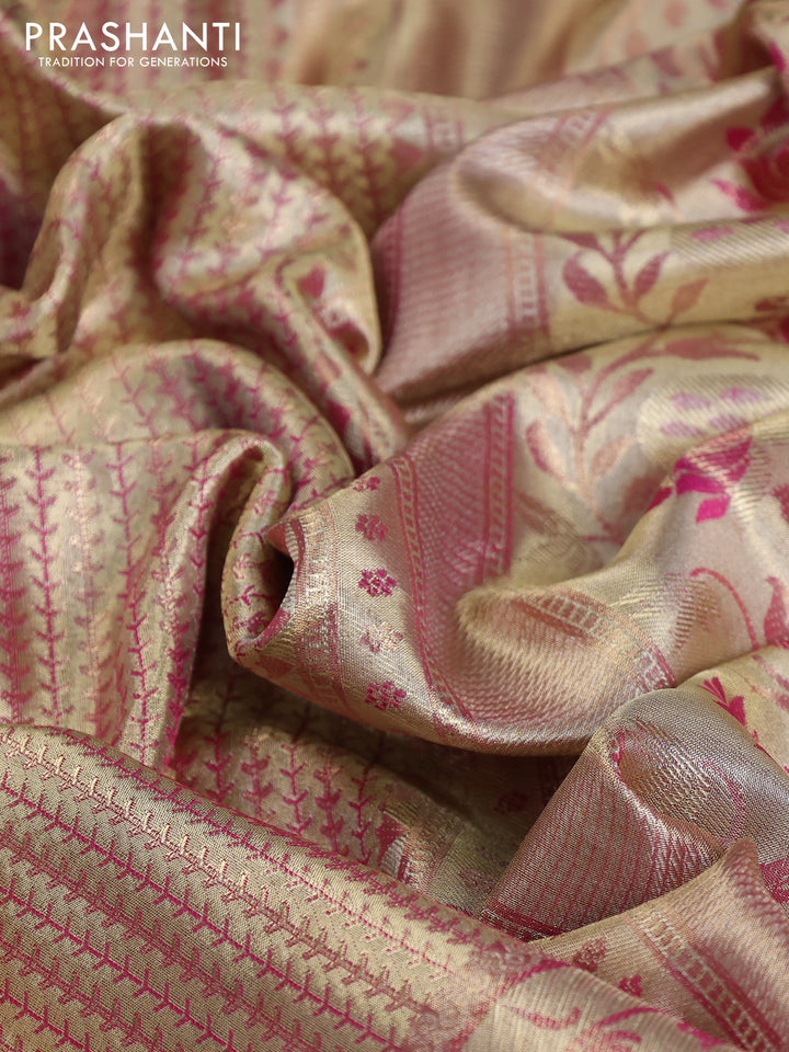 Pure kanchipuram tissue silk saree gold and pink with allover zari woven brocade weaves and zari woven paithani style border