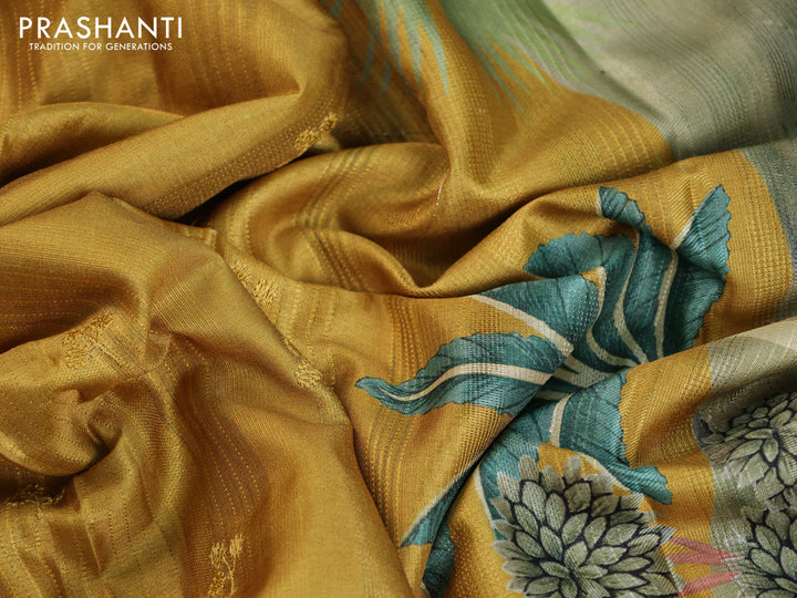 Semi tussar partly saree mustard shade with thread woven buttas & ajrakh prints and lace work border & pichwai printed pallu