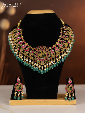 Jadau necklace peacock design with kemp jadau kundan stones in pearl & mint green beads hangings