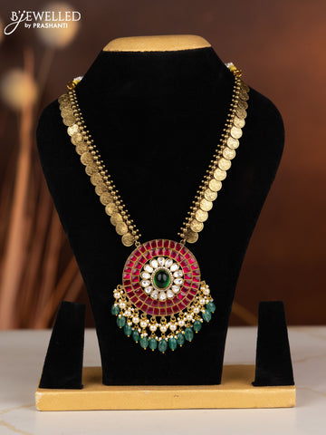 Jadau necklace lakshmi kasu design with kemp jadau kundan stones in pearl & mint green beads hangings without earrings