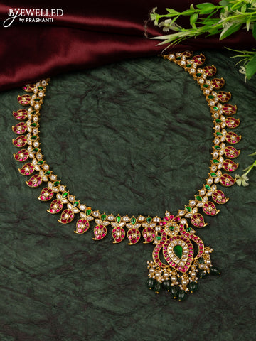 Jadau haaram manga pattern with kemp jadau kundan stones in pearl & green beads hangings without earrings