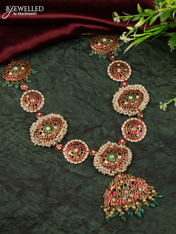 Jadau haaram peacock design with kemp jadau kundan stones in pearl & mint green beads hangings without earrings