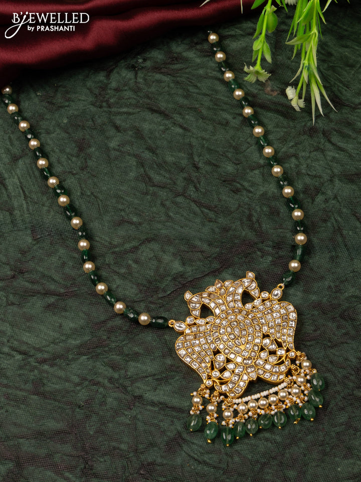 Jadau beaded haaram double peacock reversible pendant with kemp jadau kundan stones in pearl & green beads hangings without earrings