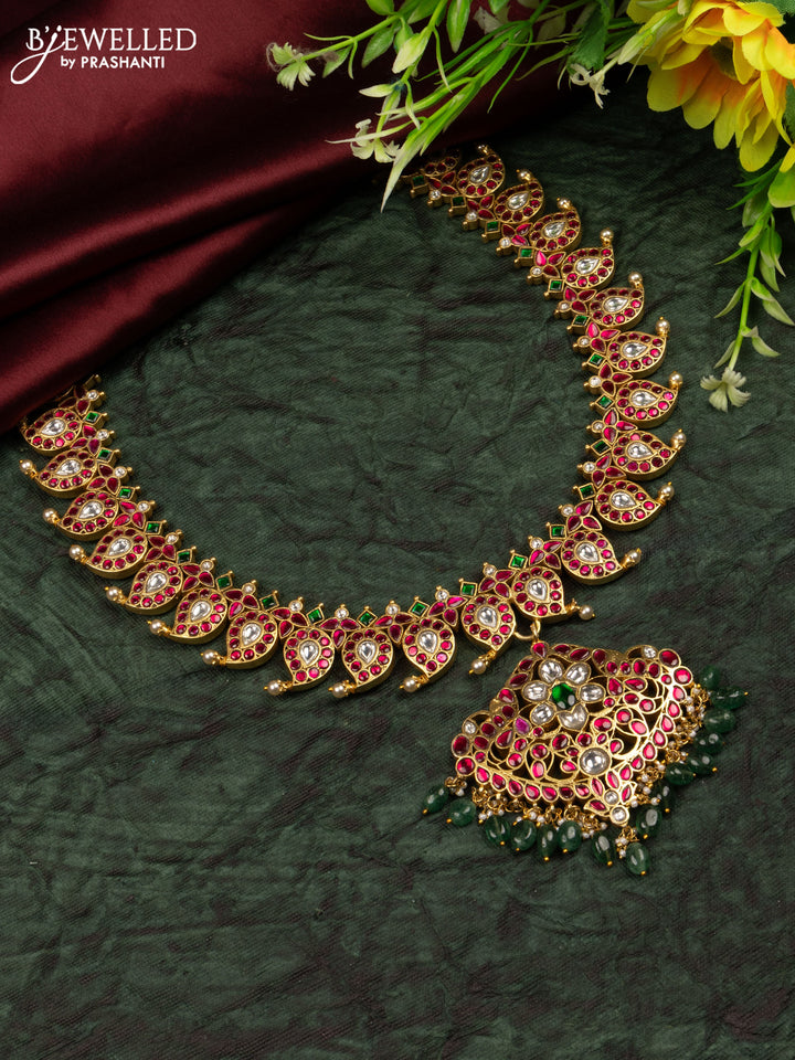 Jadau reversible haaram manga pattern with kemp jadau kundan stones in green beads hangings without earrings