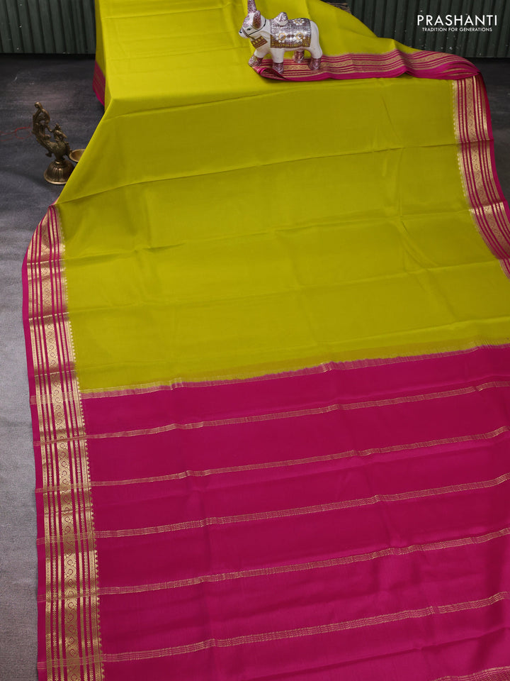Lime Green & Pink Pure Mysore Silk - Plain
