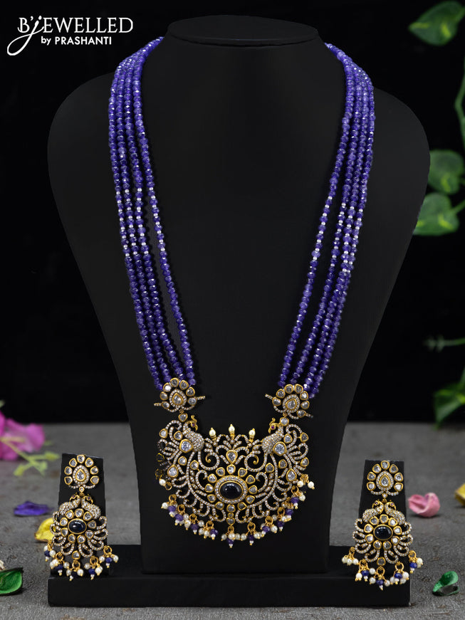 Beaded multi layer violet necklace peacock design with sapphire & cz stones and beades hanging in victorian finish