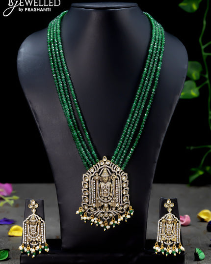 Beaded multi layer green necklace cz stones with tirupati balaji pendant and beades hanging in victorian finish