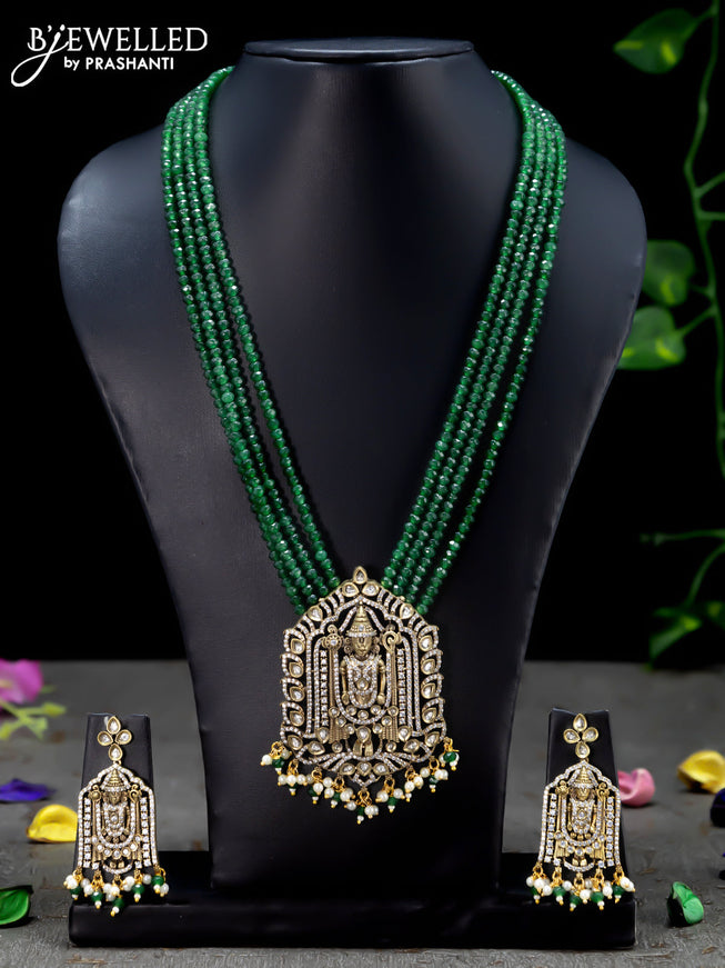 Beaded multi layer green necklace cz stones with tirupati balaji pendant and beades hanging in victorian finish