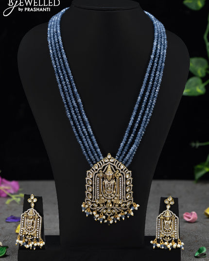 Beaded multi layer grey necklace cz stones with tirupati balaji pendant and beades hangings in victorian finish
