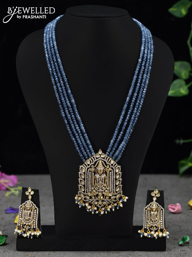 Beaded multi layer grey necklace cz stones with tirupati balaji pendant and beades hangings in victorian finish