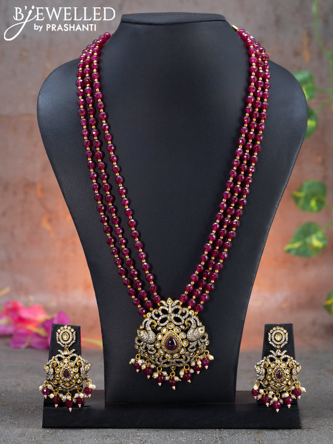 Beaded triple layer magenta necklace swan design with ruby & cz stones and beads hanging in victorian finish