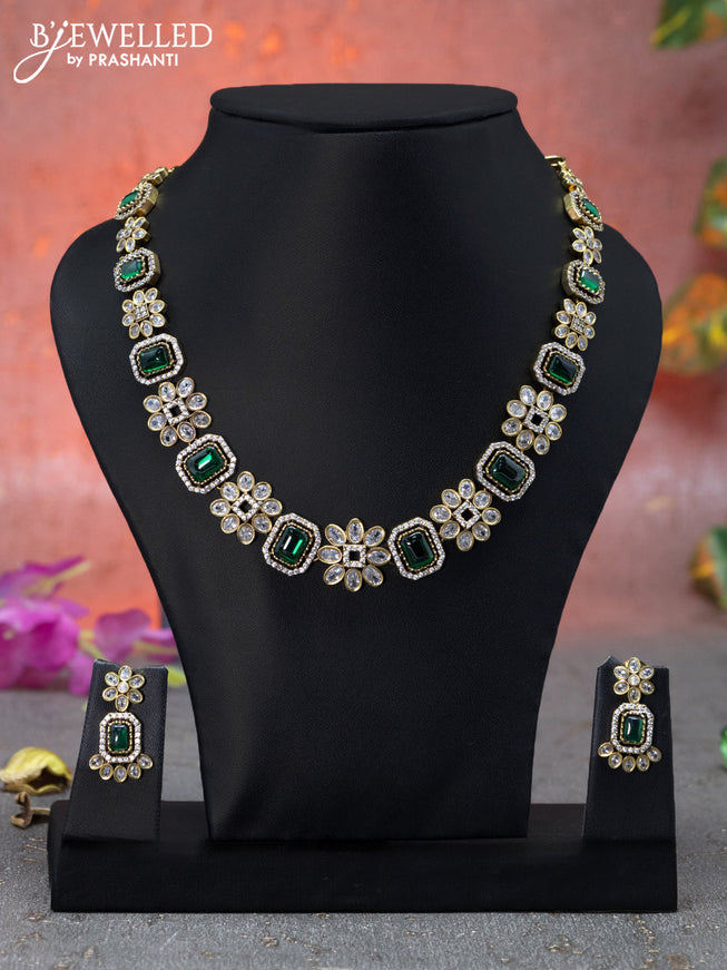 Necklace floral design with emerald & cz stones in victorian finish
