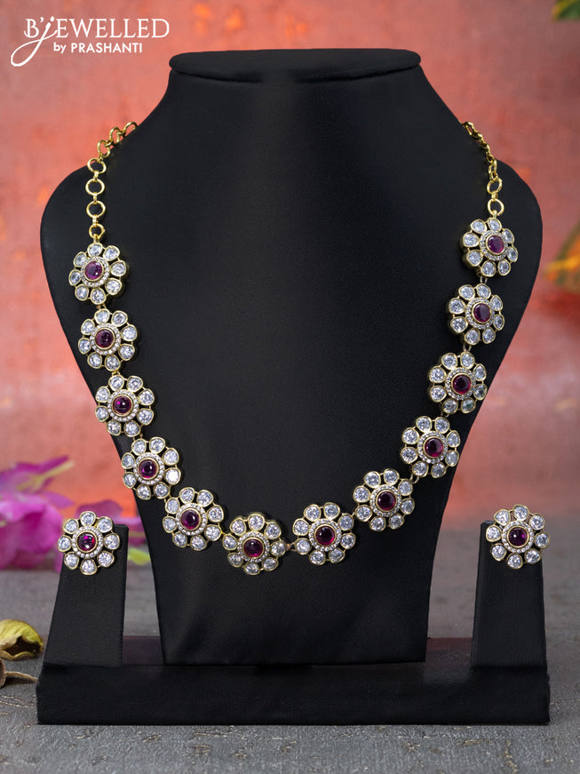 Necklace floral design with pink kemp & cz stones in victorian finish